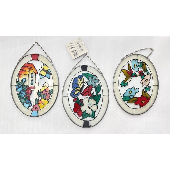 X3 VTG Stained Glass Suncatchers Birdhouse Hummingbird Butterfly NOS Decor - Picture 3 of 7